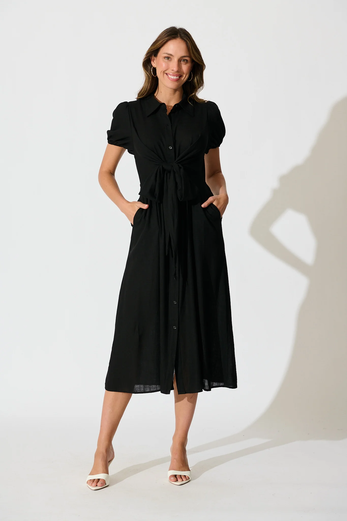 Lioda Midi Shirt Dress in Black Linen Blend