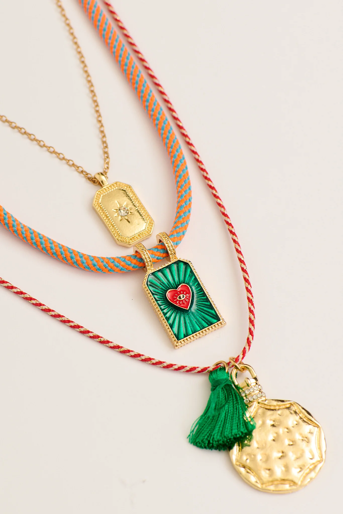 Lola Multi Charm Layered Necklace in Multi Green and Gold - Image 8