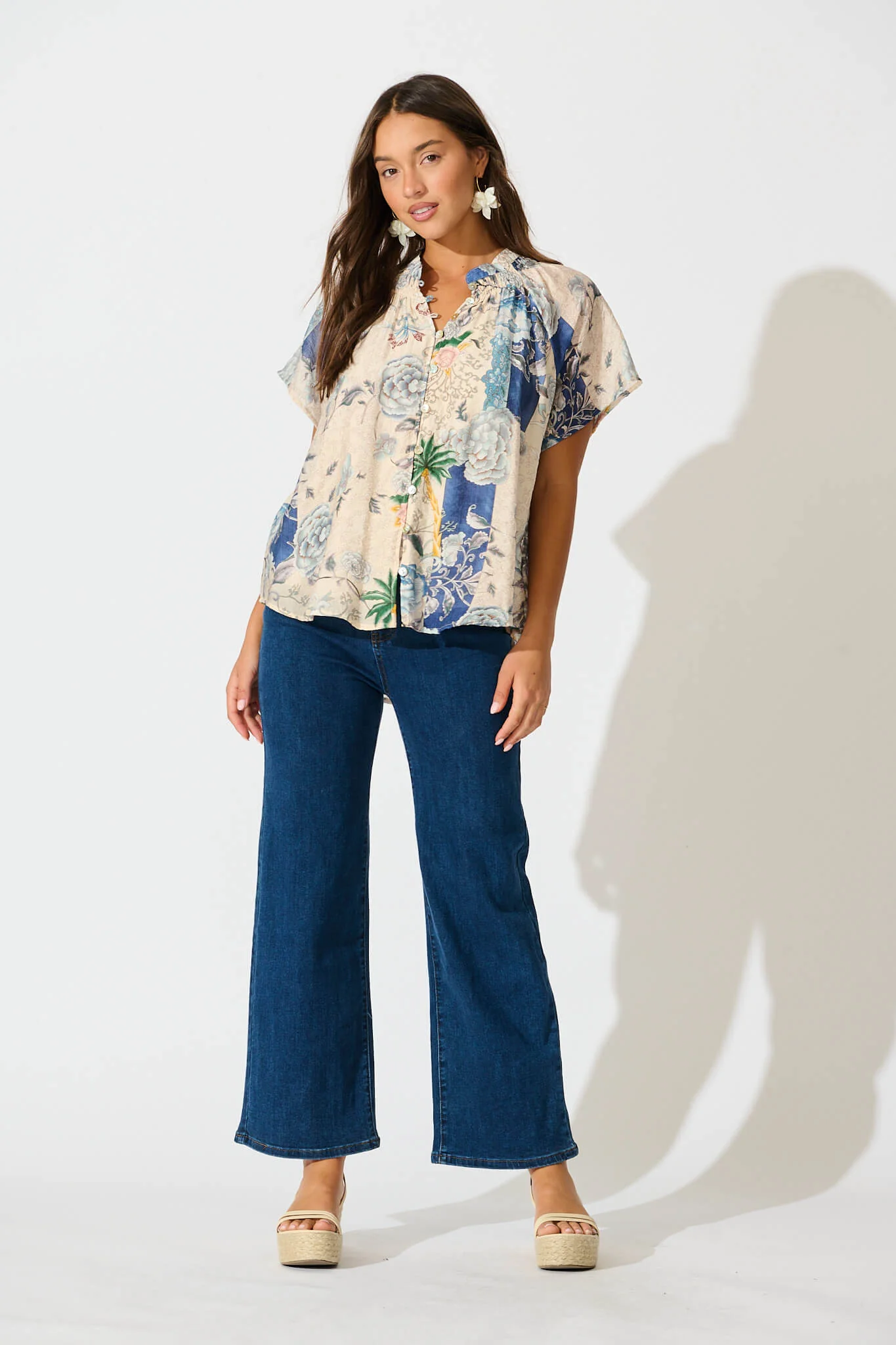 Lombard Top in Beige with Blue Multi Floral - Image 4