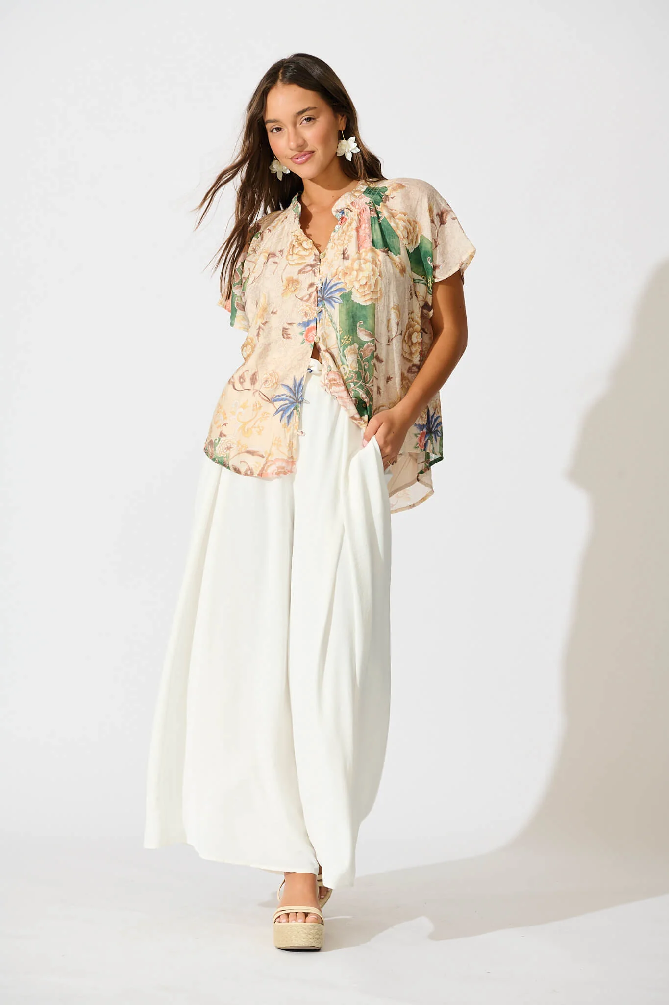 Lombard Top in Beige with Green Multi Floral - Image 4