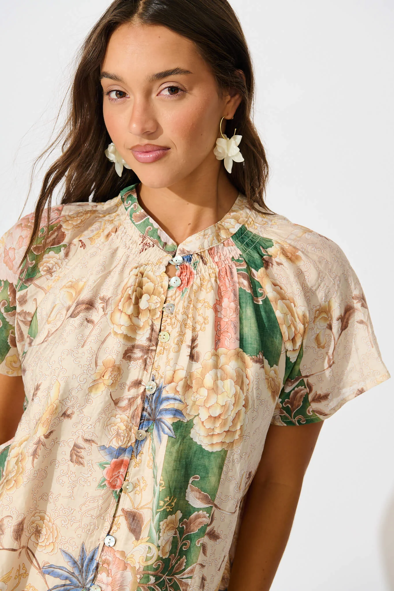 Lombard Top in Beige with Green Multi Floral - Image 5