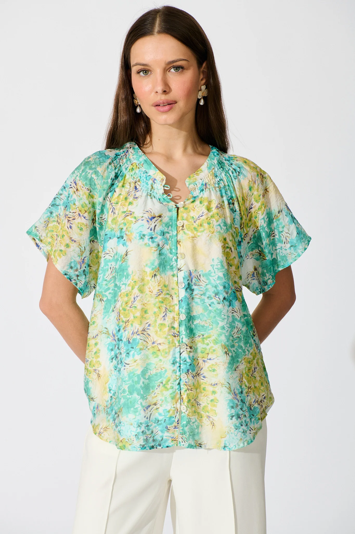 Lombard Top in Blue and Green Floral