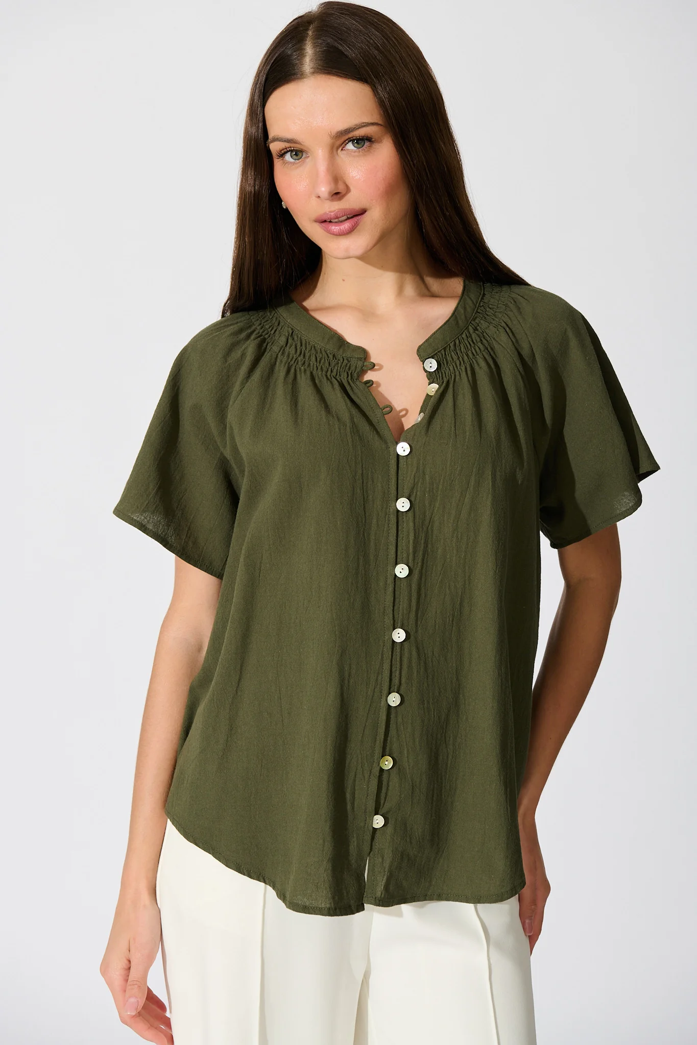 Lombard Top in Khaki Cotton Linen