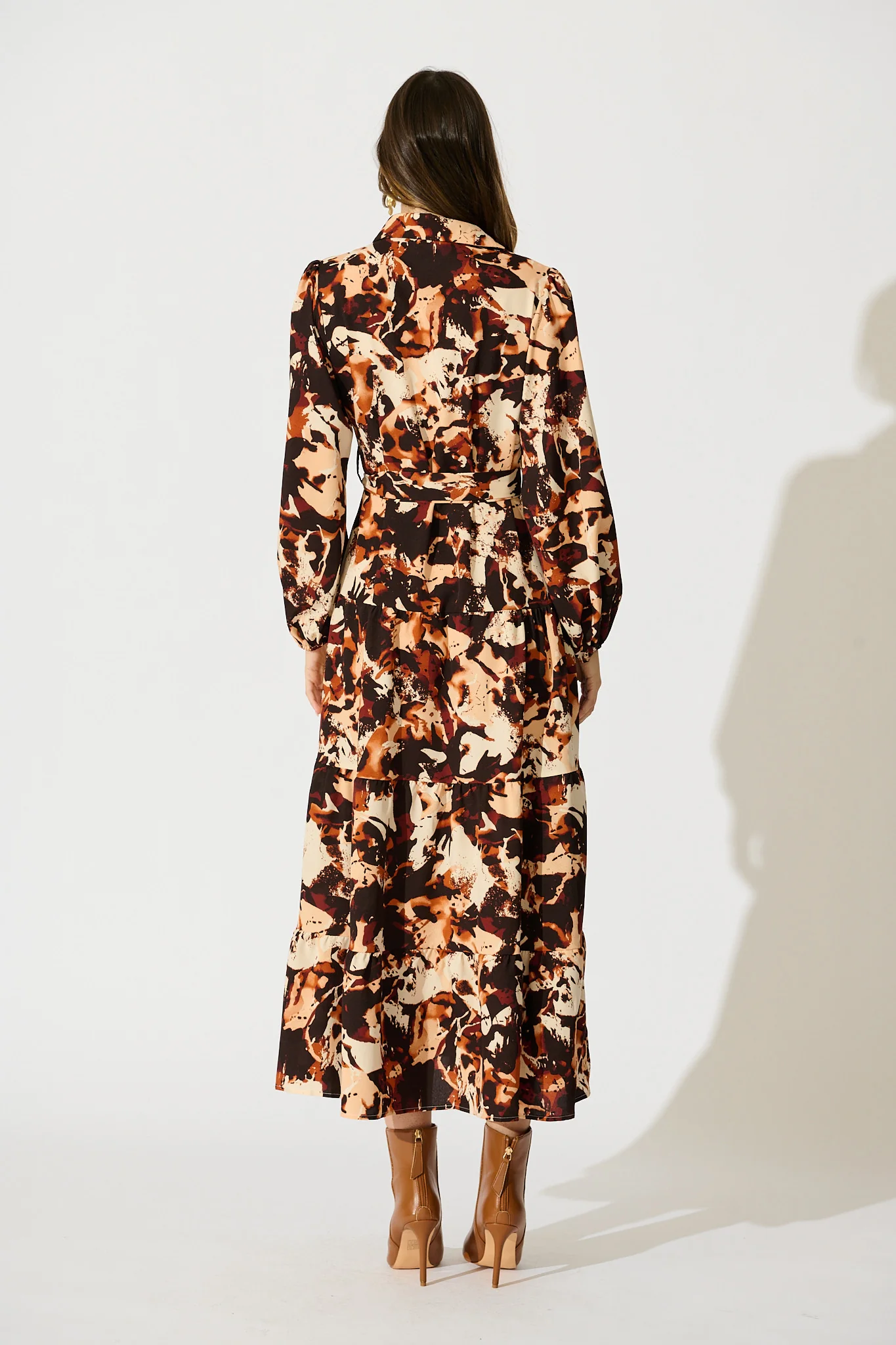 Loop Me Maxi Shirt Dress in Multi Brown Print Satin - Image 4