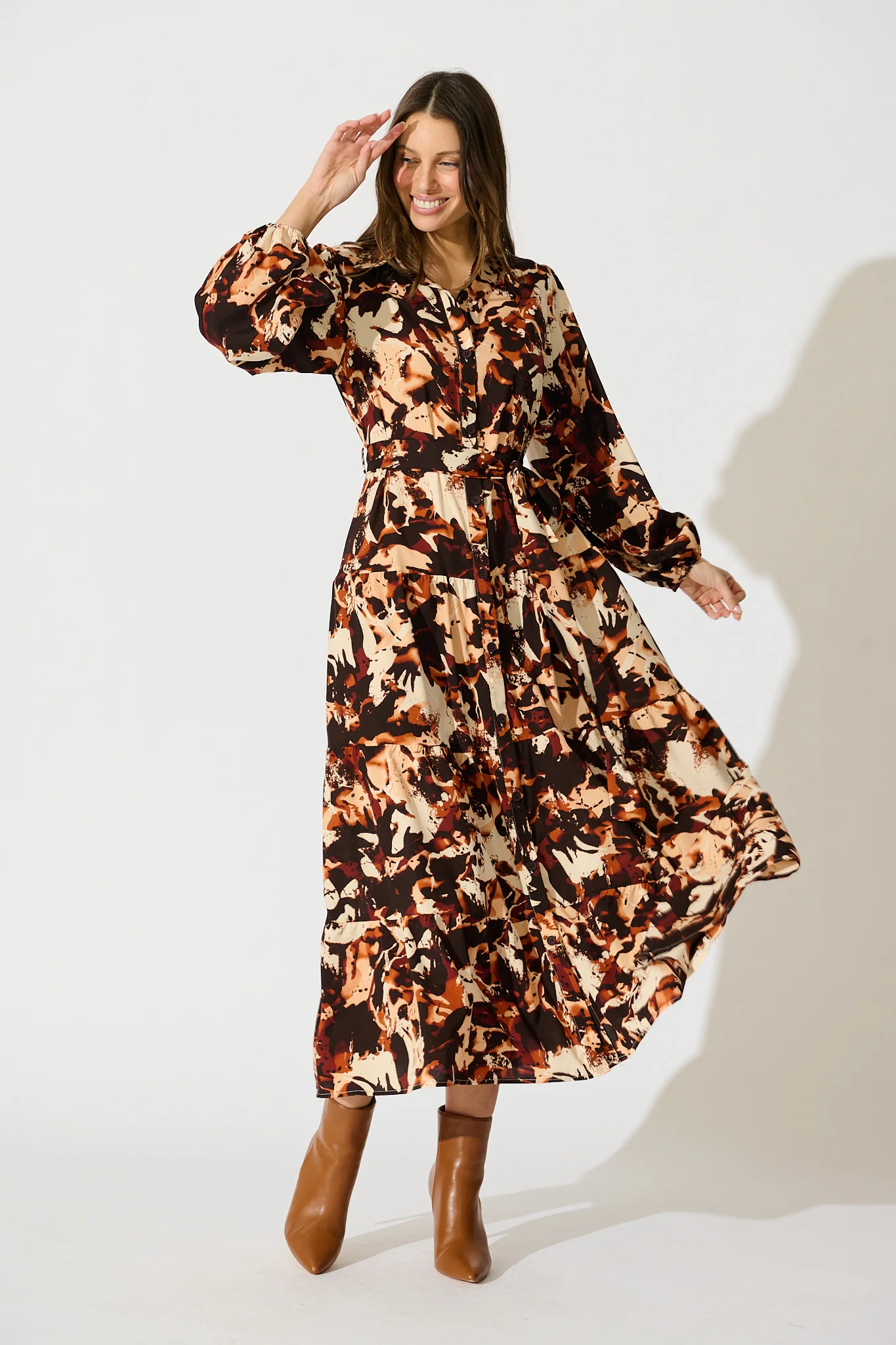 Loop Me Maxi Shirt Dress in Multi Brown Print Satin - Image 5