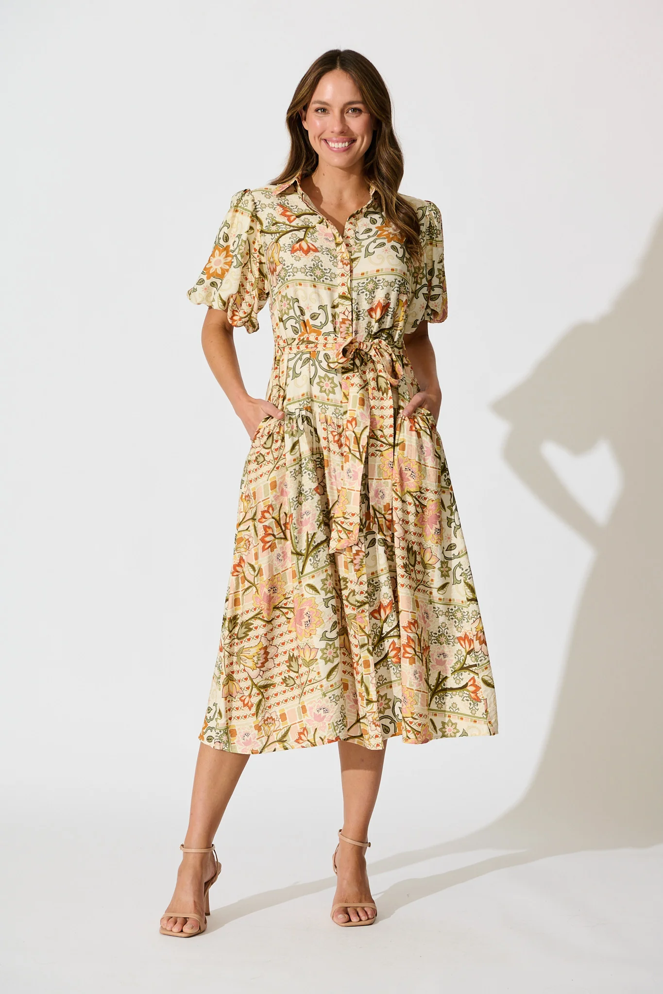 Loralea Midi Shirt Dress in Green with Brown Floral Print