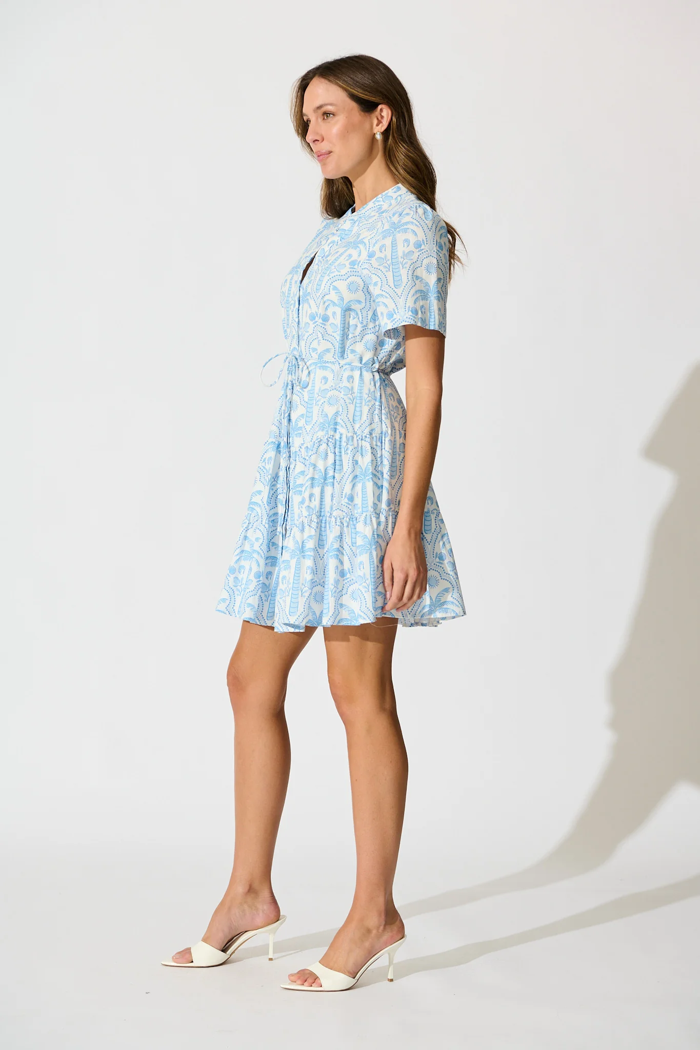 Lorea Dress in White with Blue Tropical Print Cotton - Image 3