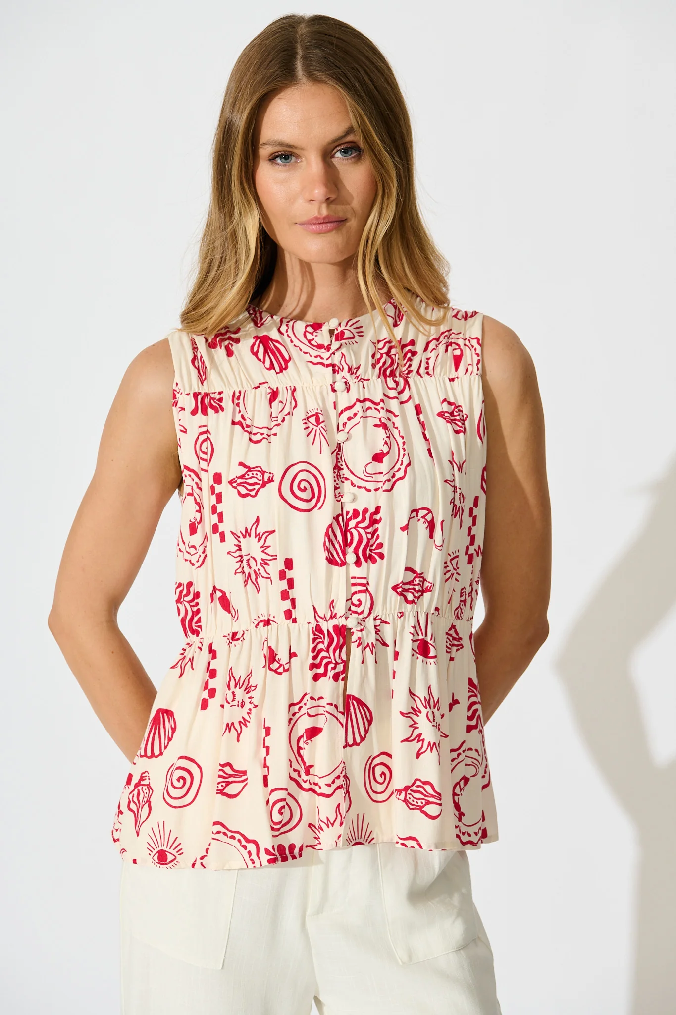 Lorieanne Top in Cream with Red Print
