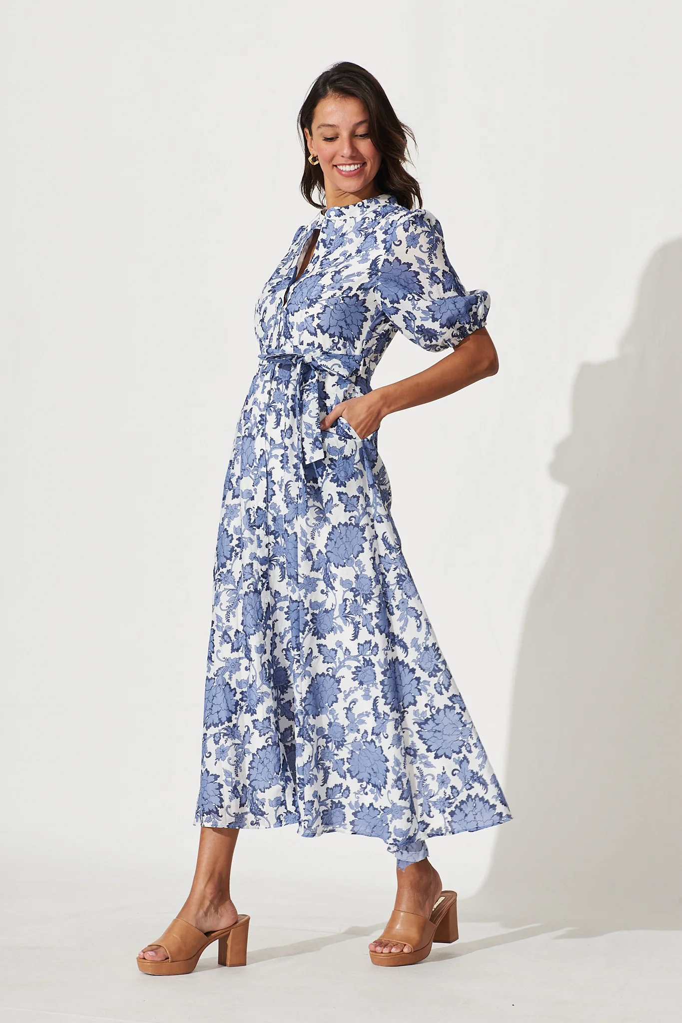 Loriet Maxi Shirt Dress In Blue With White Floral Cotton Blend - Image 3