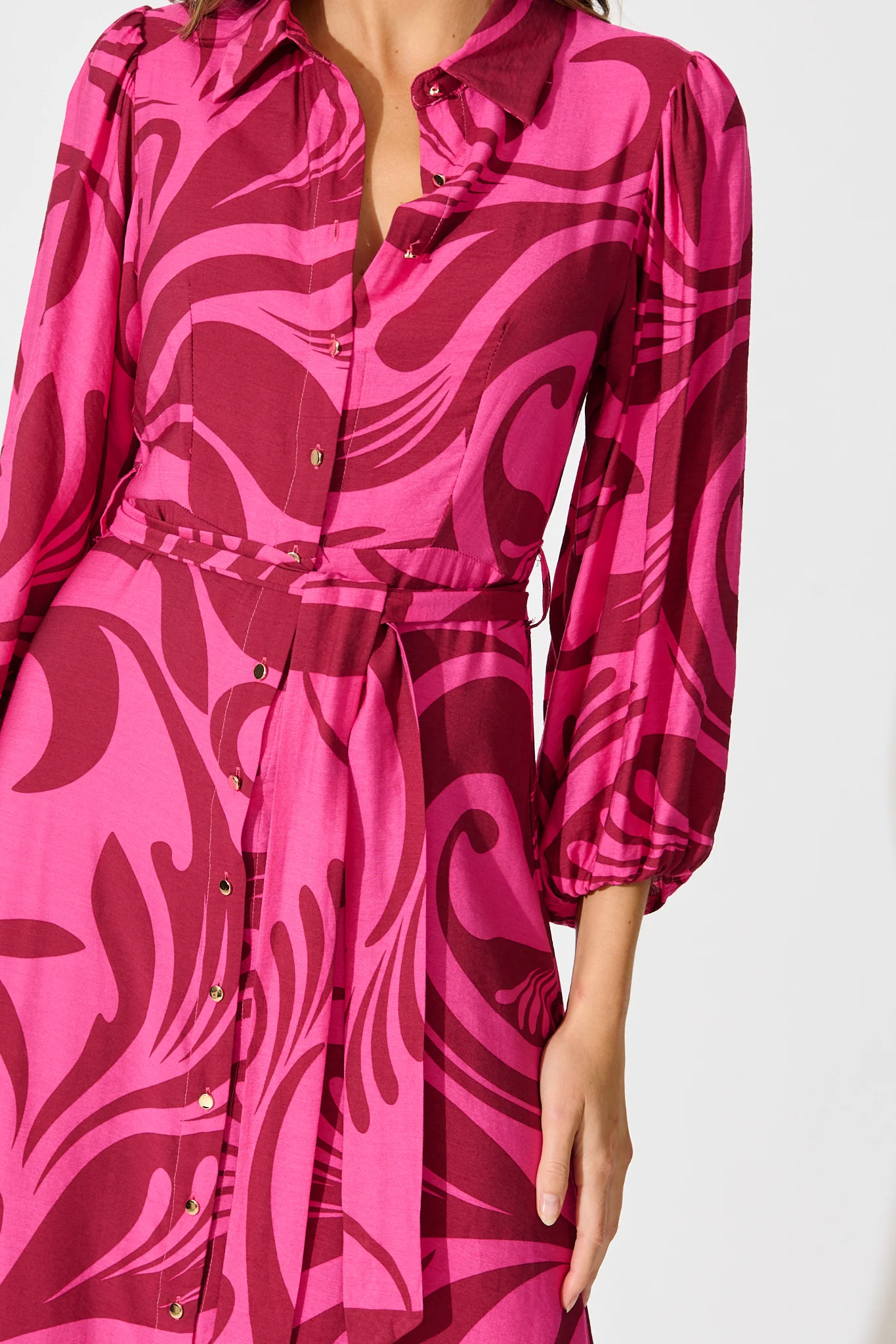 Lorna Maxi Shirt Dress in Pink with Wine Print - Image 10