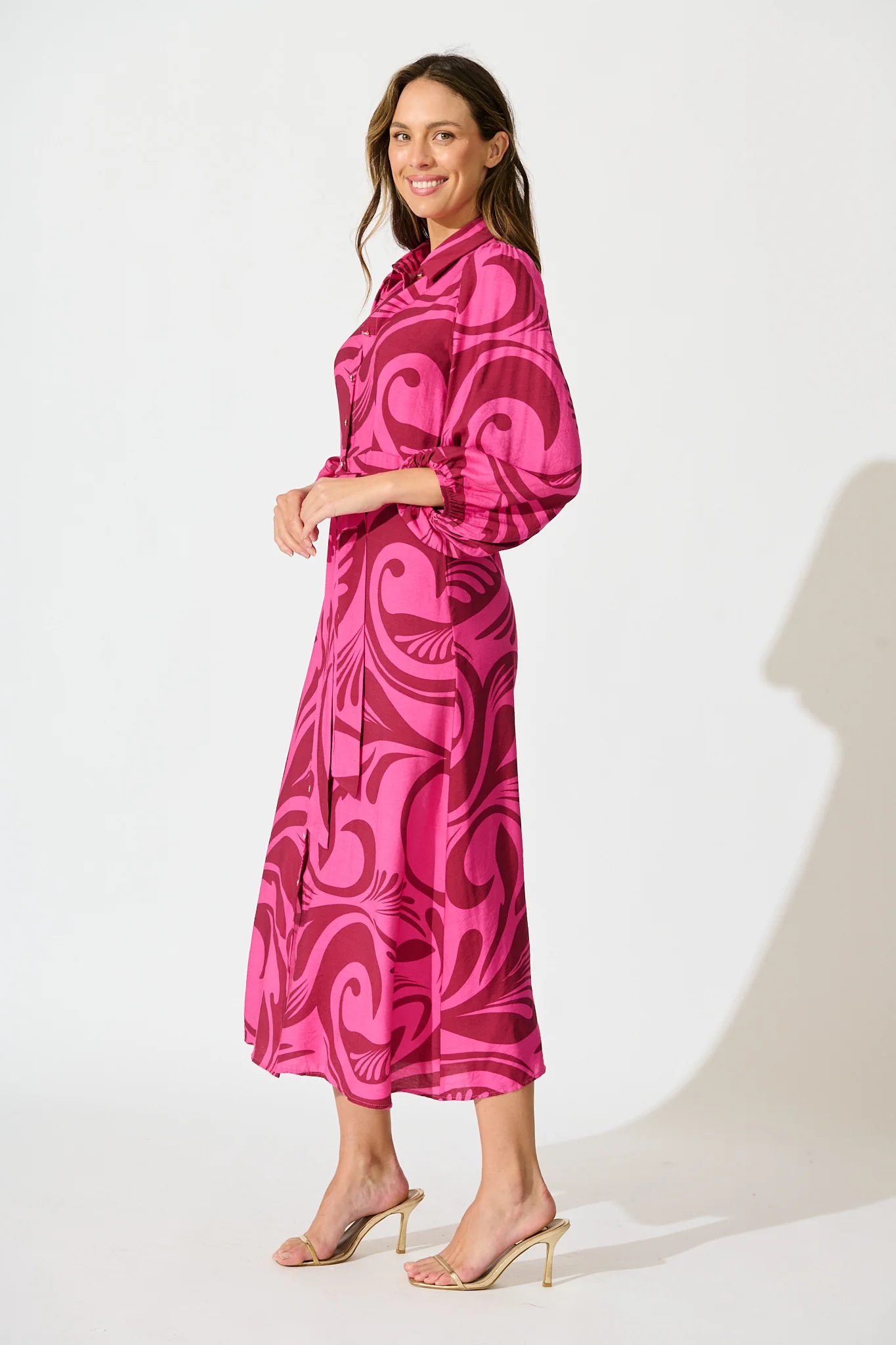Lorna Maxi Shirt Dress in Pink with Wine Print - Image 7