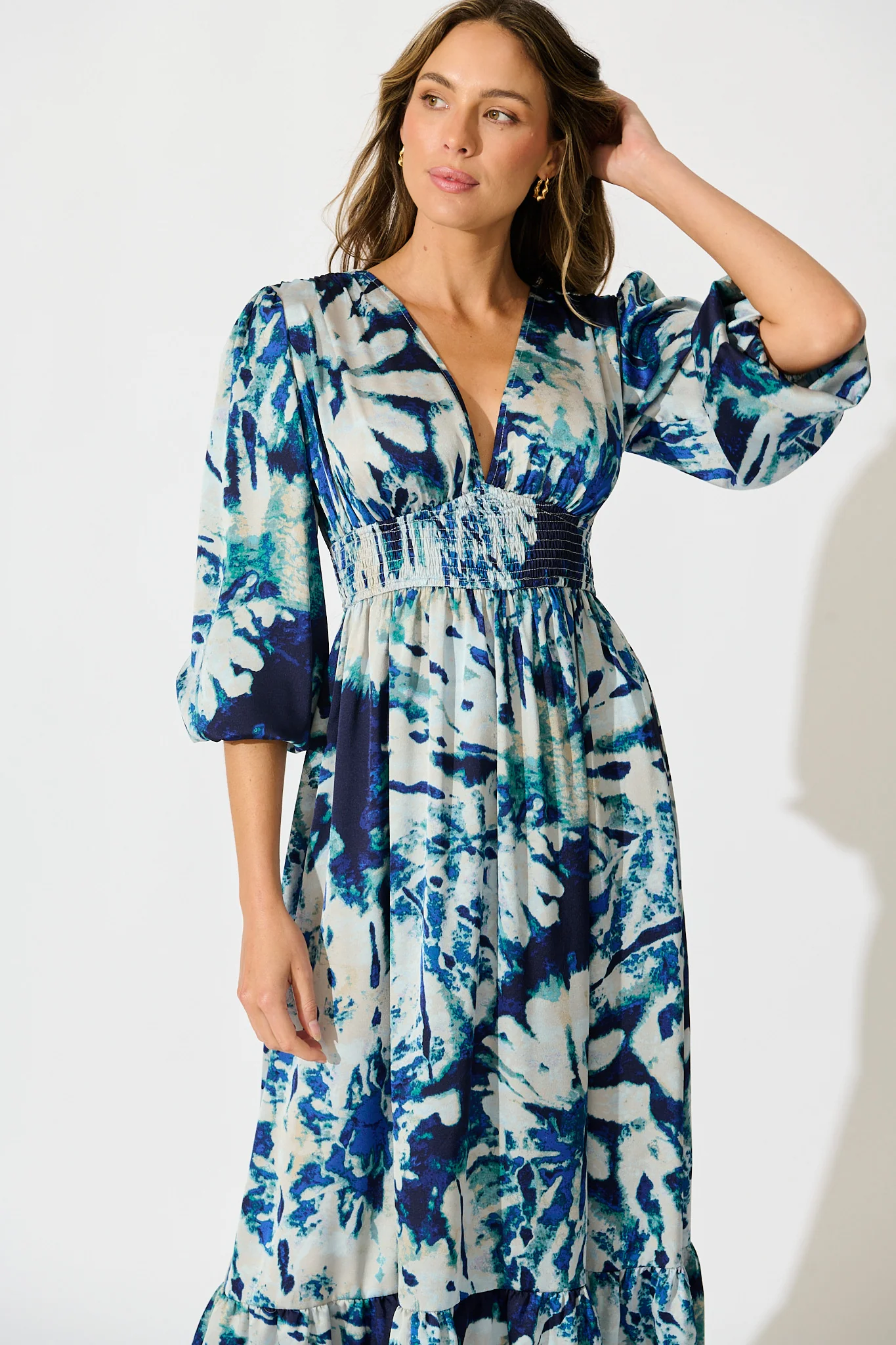 Lost In Wonderland Maxi Dress in Cream with Navy Satin - Image 2