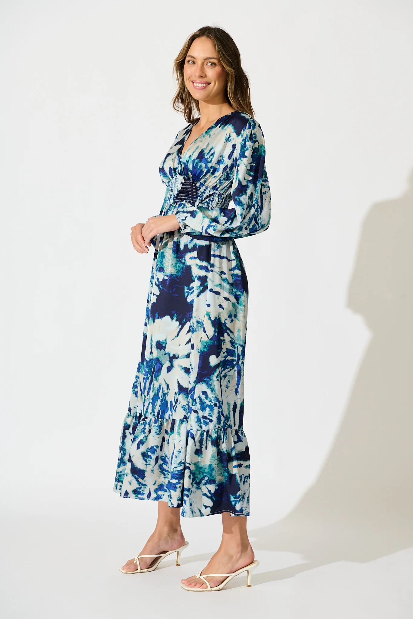 Lost In Wonderland Maxi Dress in Cream with Navy Satin - Image 3