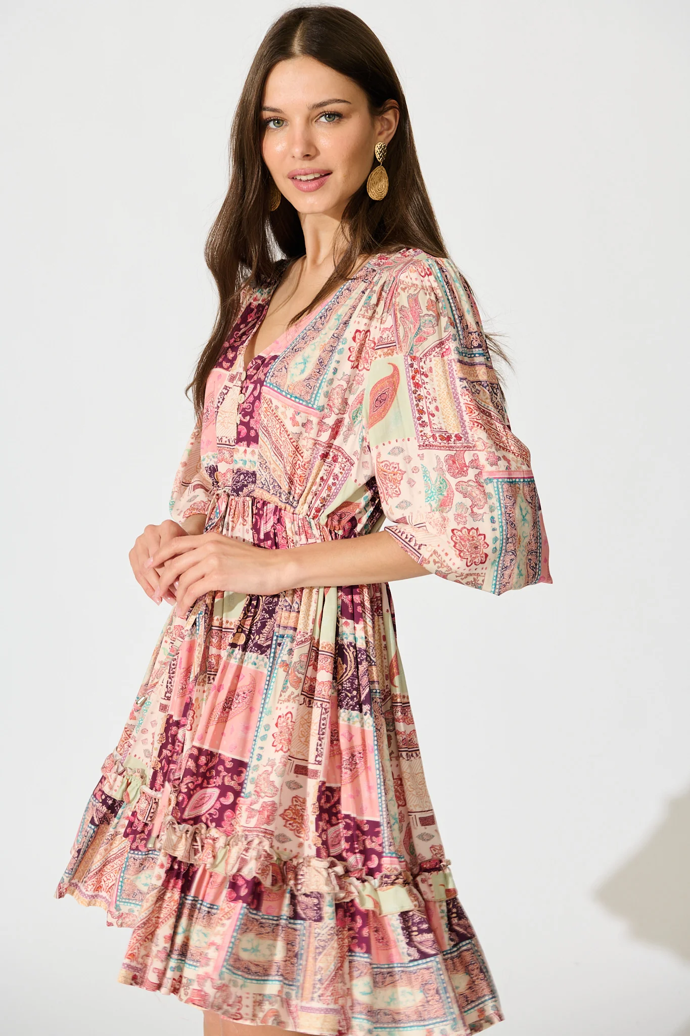 Lotty Dress in Pink with Multi Patchwork Print - Image 2