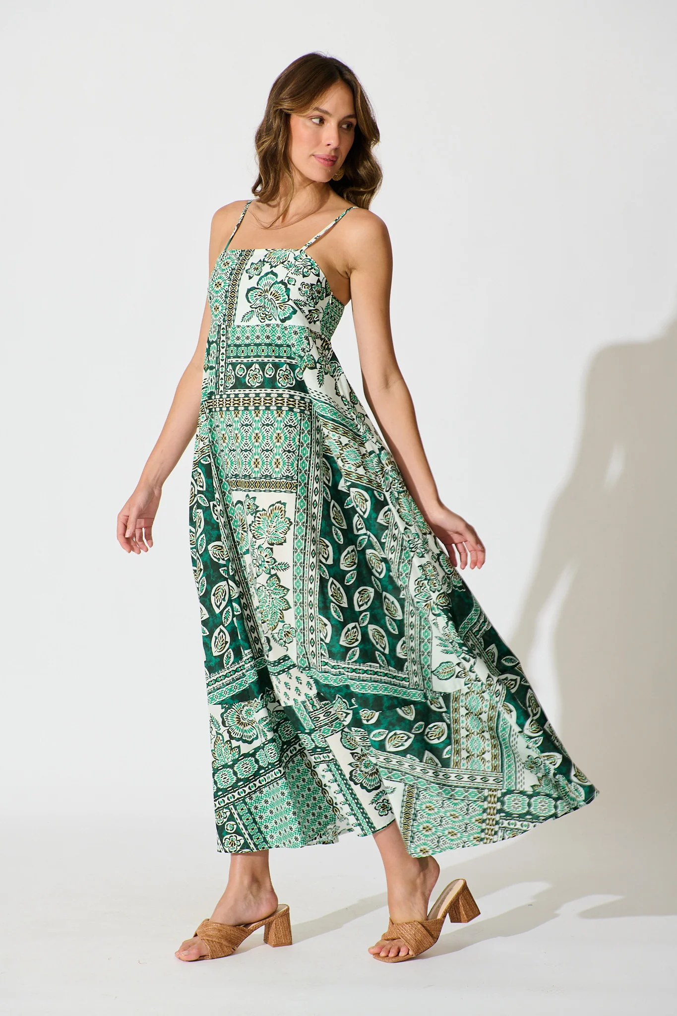 Lova Maxi Sundress in Green and White Patchwork Cotton - Image 3