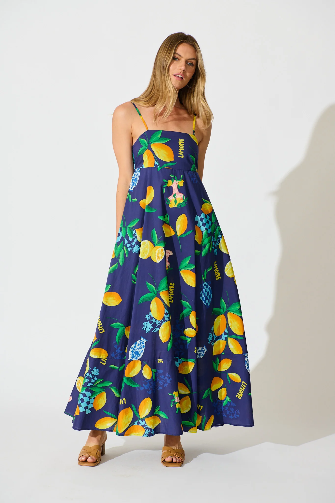 Lova Maxi Sundress in Navy with Lemon Print Cotton