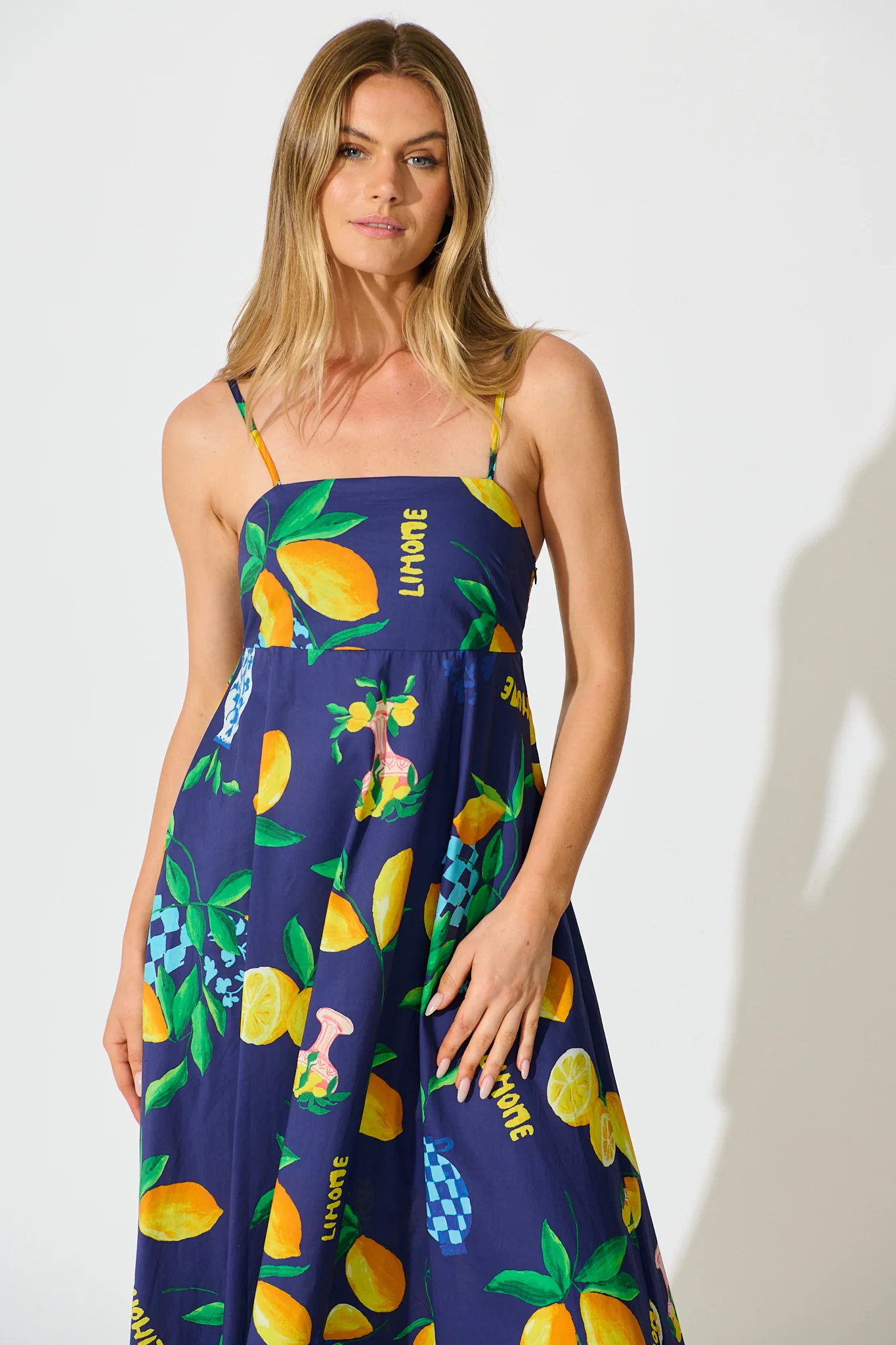 Lova Maxi Sundress in Navy with Lemon Print Cotton - Image 2