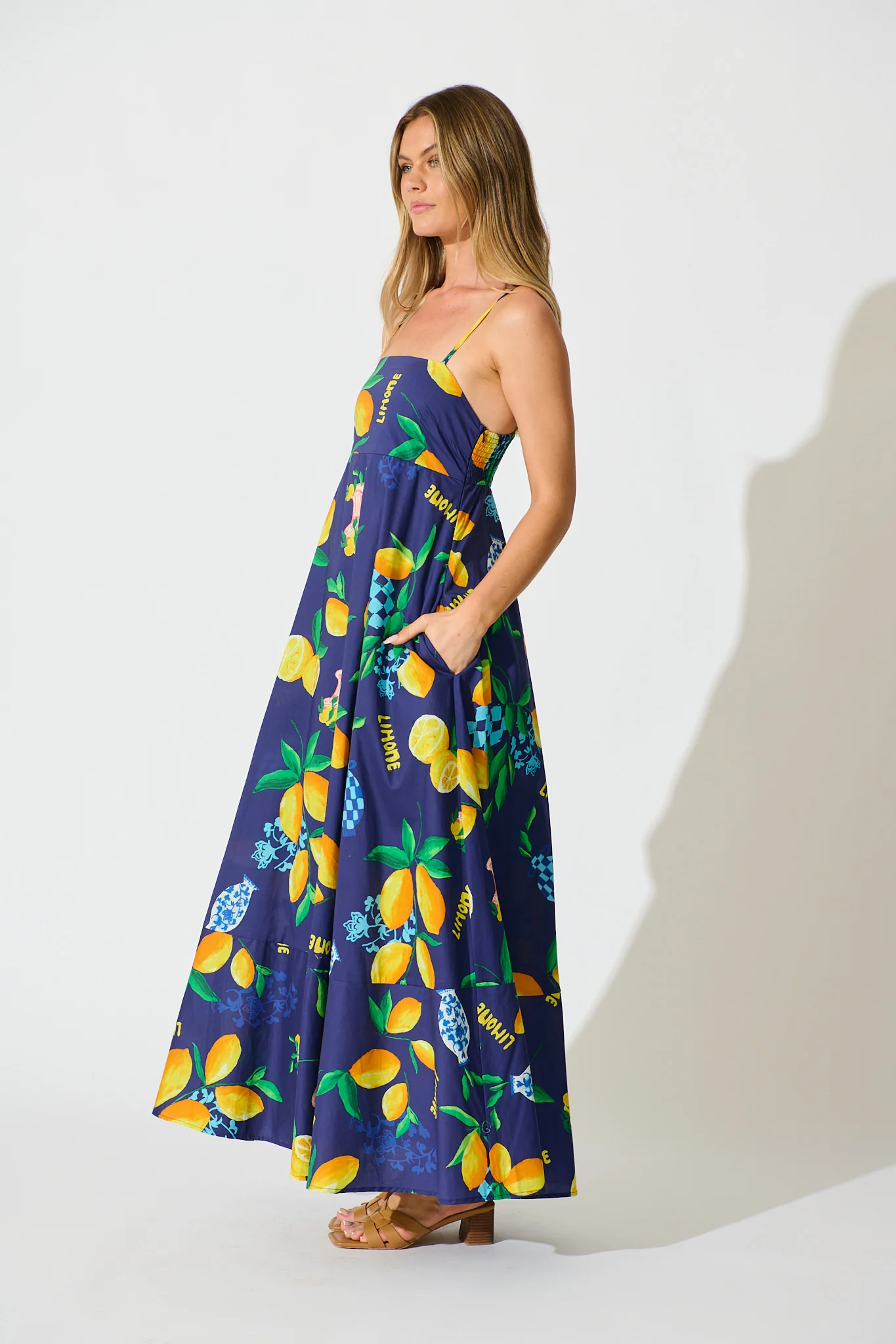 Lova Maxi Sundress in Navy with Lemon Print Cotton - Image 3