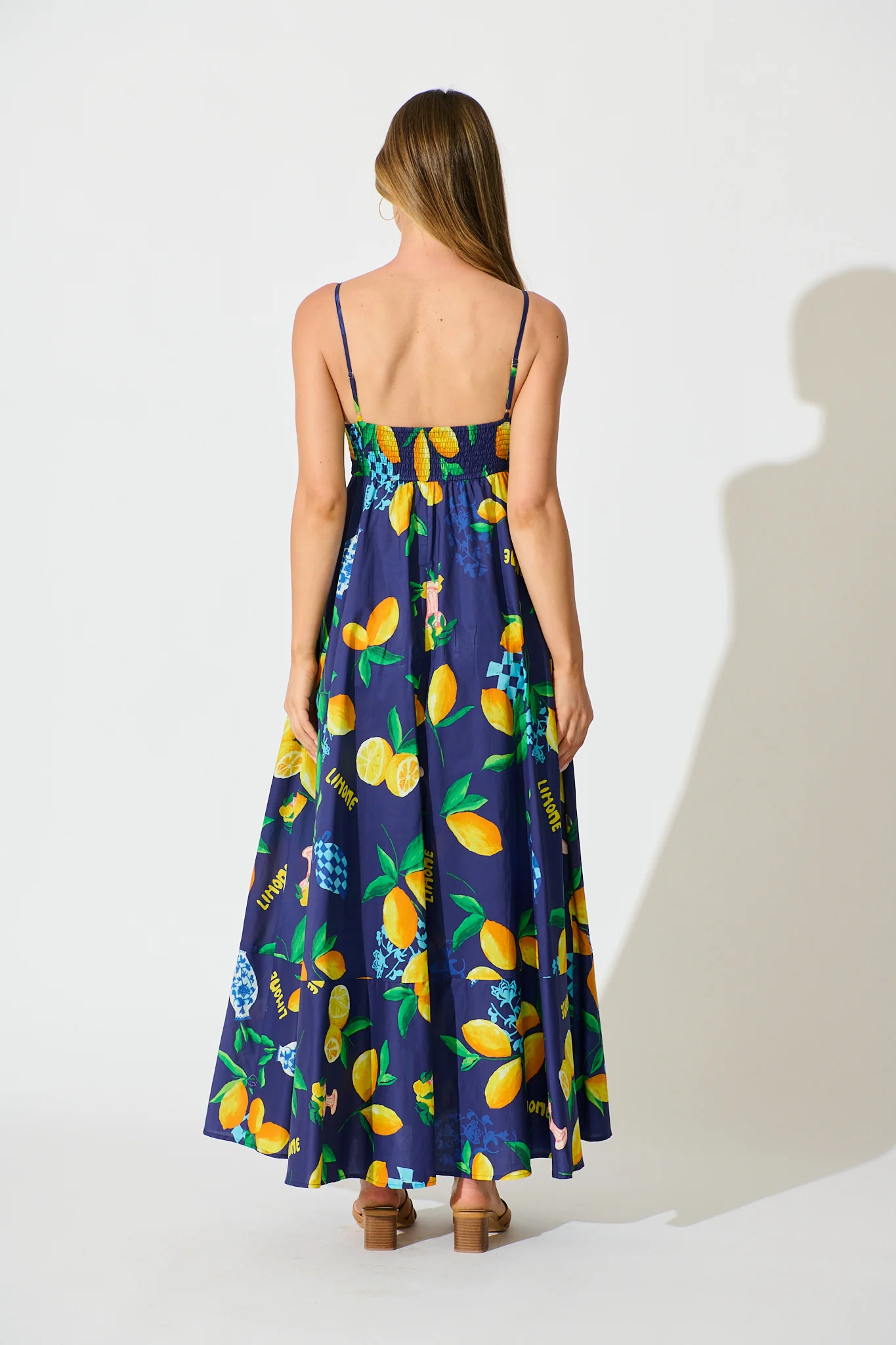 Lova Maxi Sundress in Navy with Lemon Print Cotton - Image 4