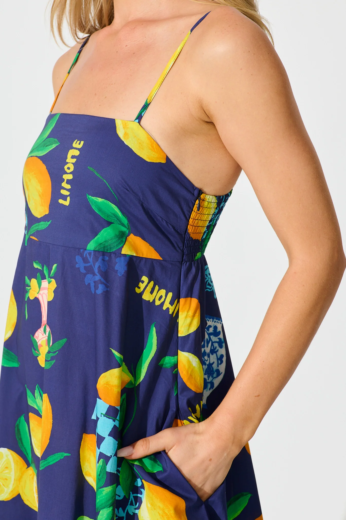 Lova Maxi Sundress in Navy with Lemon Print Cotton - Image 5
