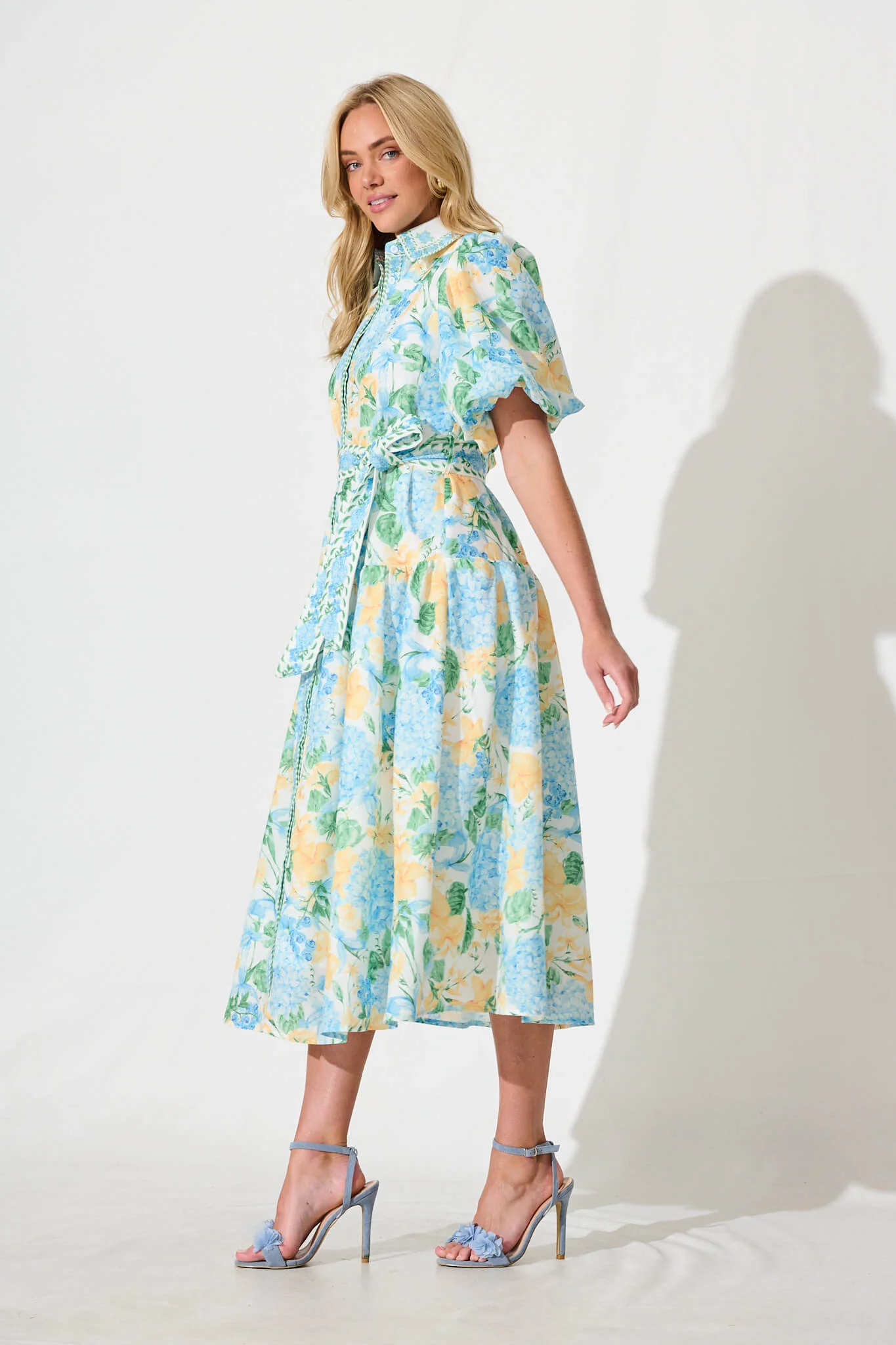 Lovelife Maxi Shirt Dress In Blue Yellow Floral Linen Blend - Image 3