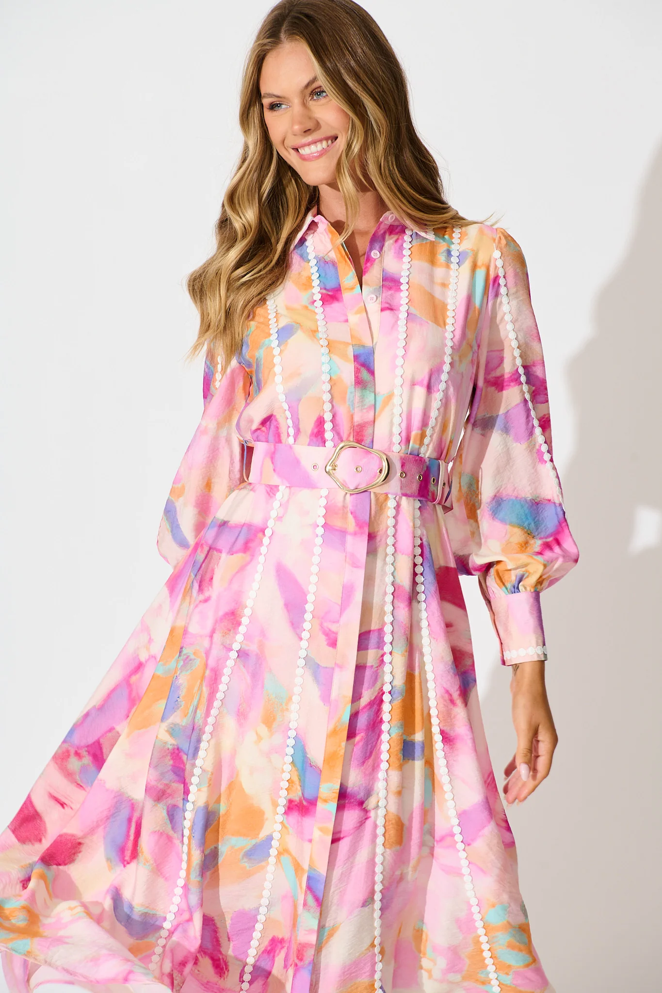 Lovingly Maxi Shirt Dress in Pink with Purple Watercolour - Image 2