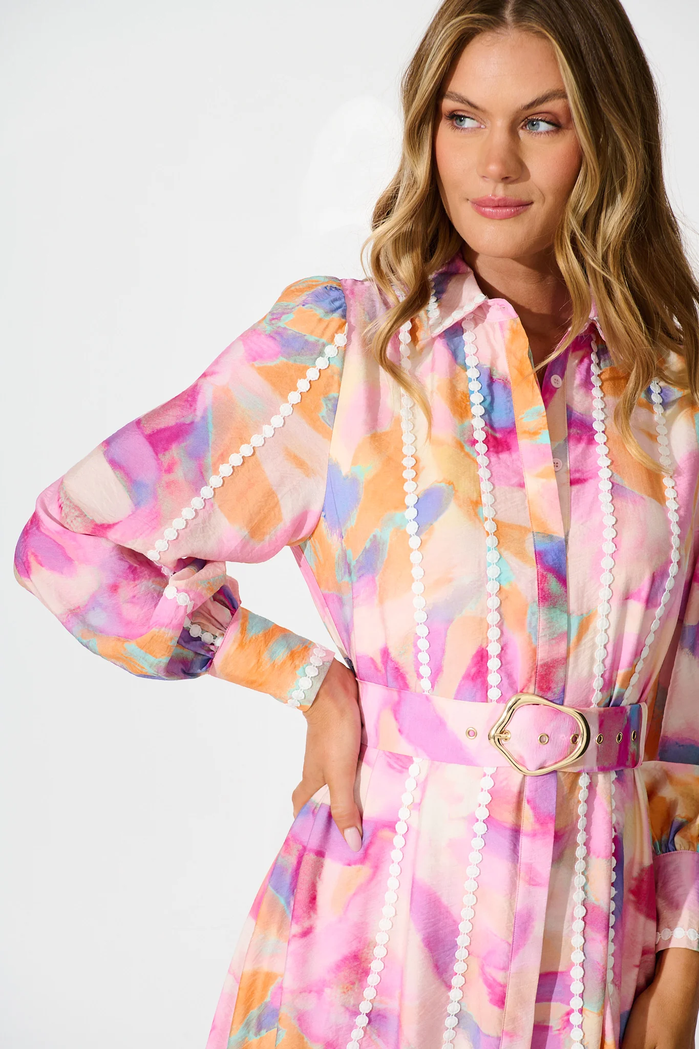 Lovingly Maxi Shirt Dress in Pink with Purple Watercolour - Image 5