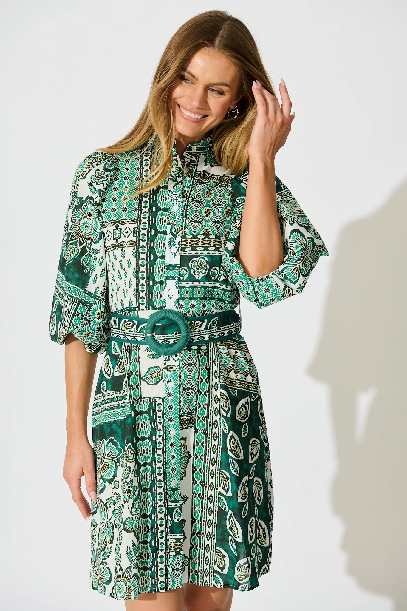 Lovis Shirt Dress in Green with White Patchwork Cotton - Image 2