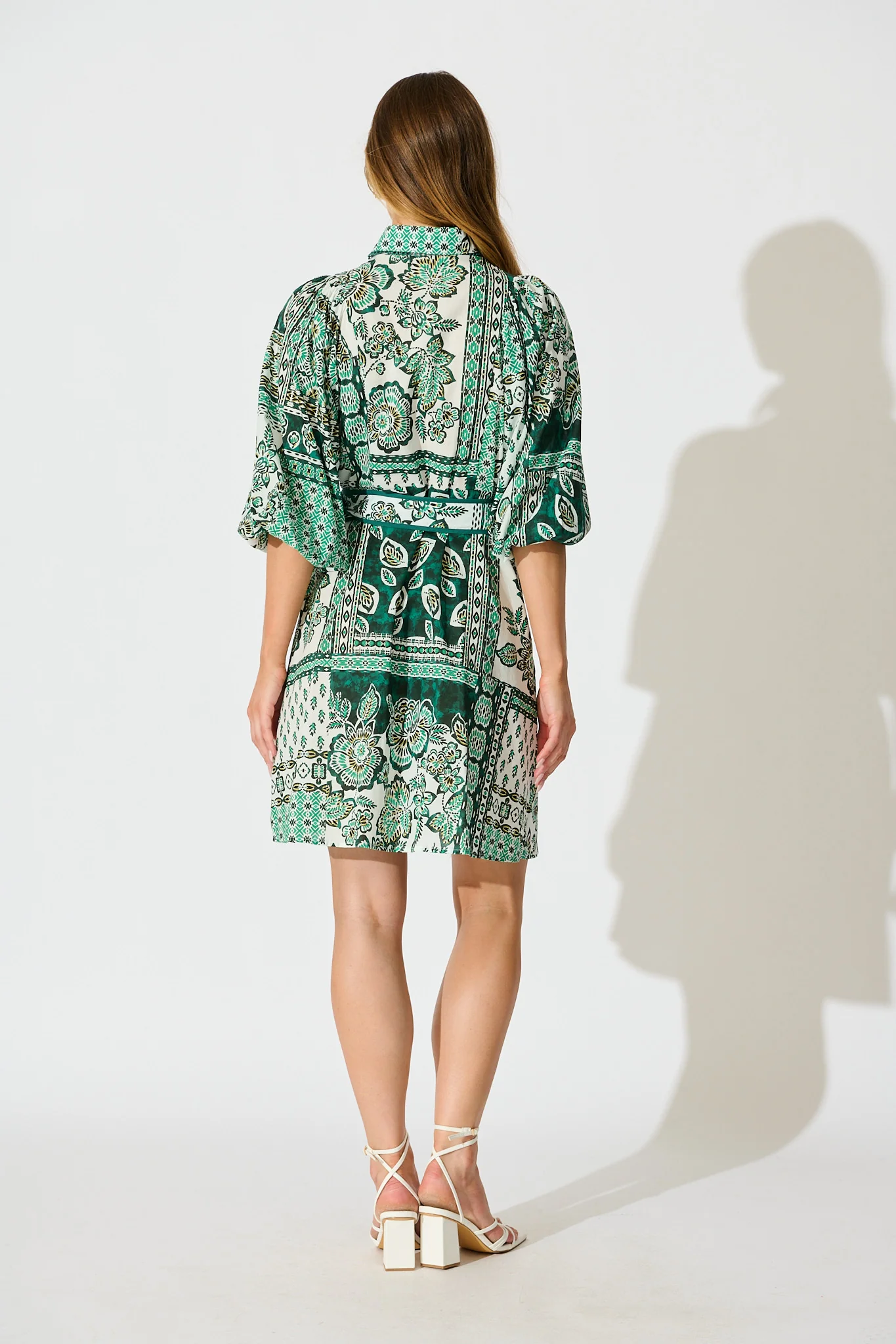 Lovis Shirt Dress in Green with White Patchwork Cotton - Image 4