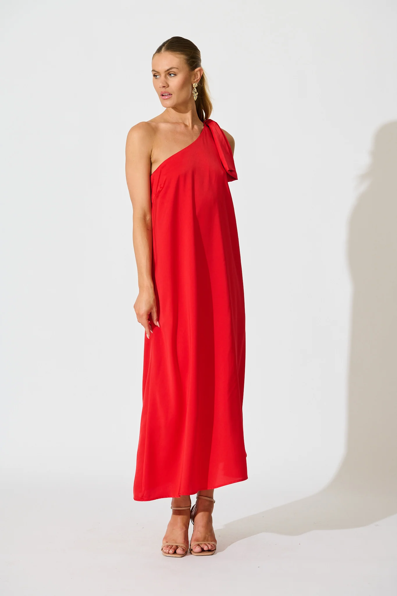 Loyality One Shoulder Maxi Dress in Red Satin - Image 3