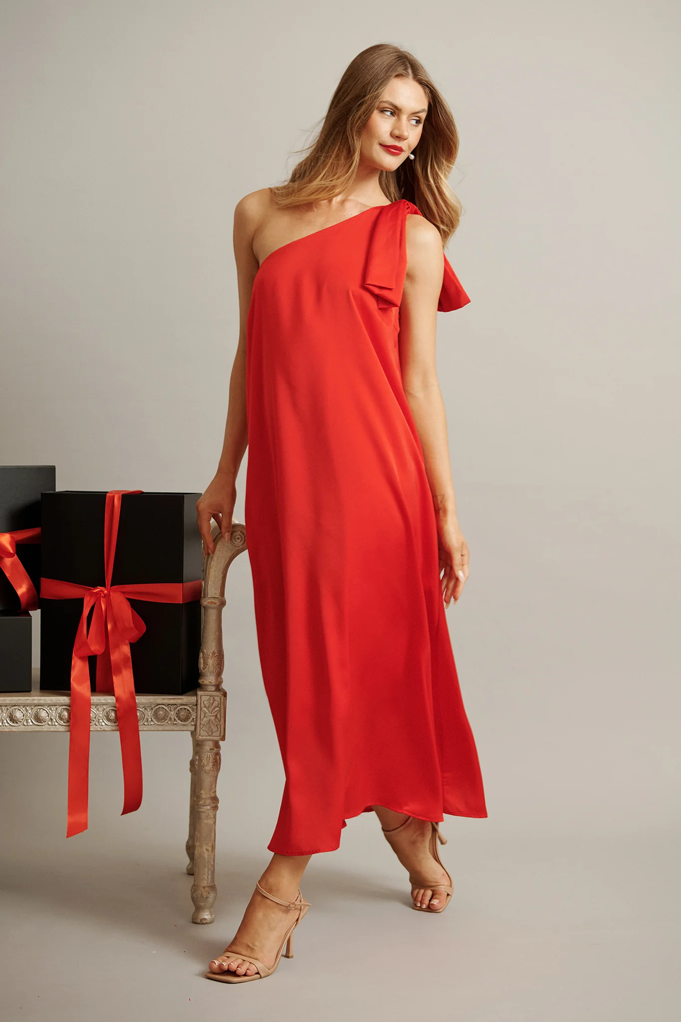 Loyality One Shoulder Maxi Dress in Red Satin - Image 4