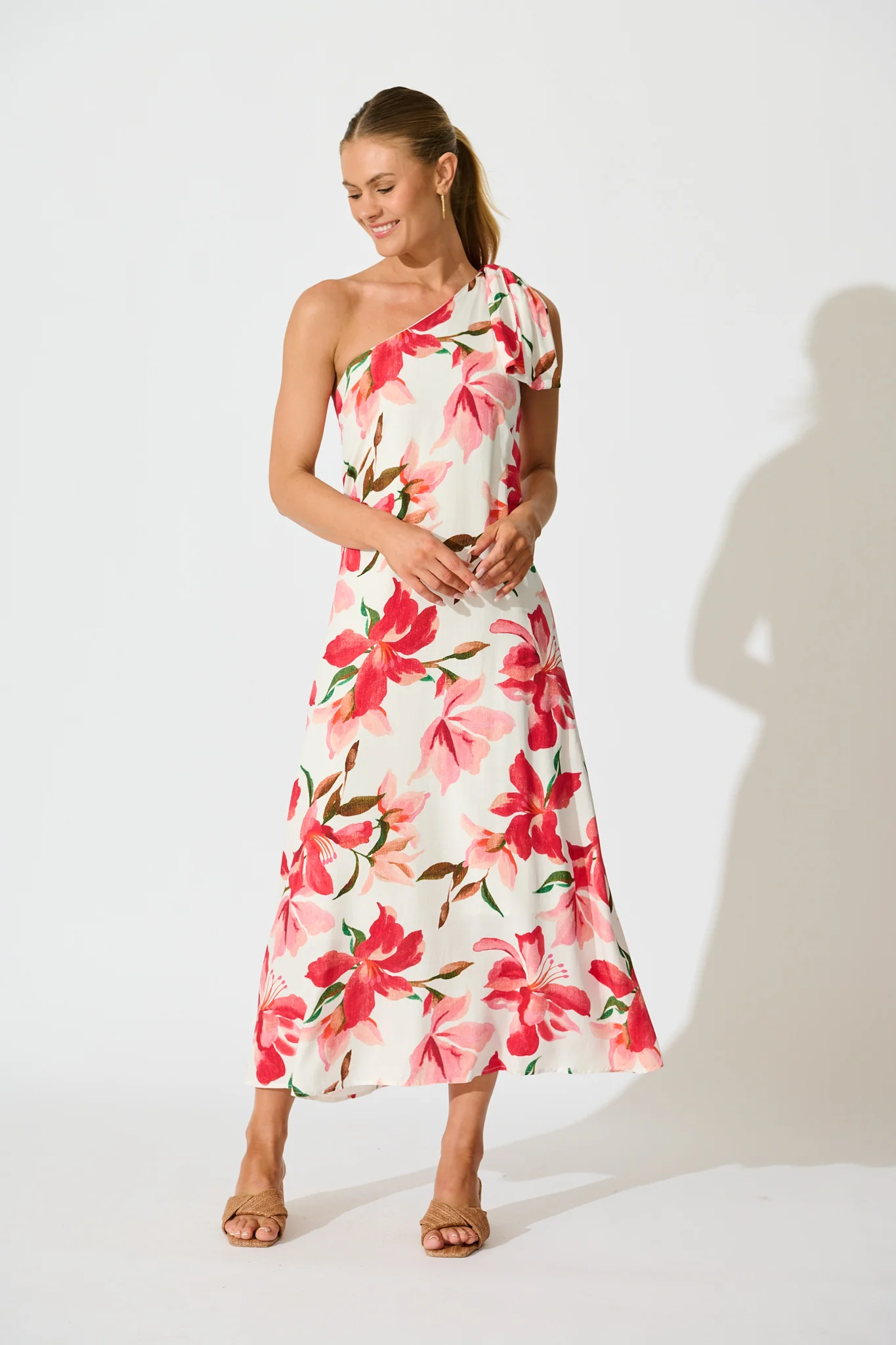 Loyality One Shoulder Maxi Dress in White and Red Floral - Image 3