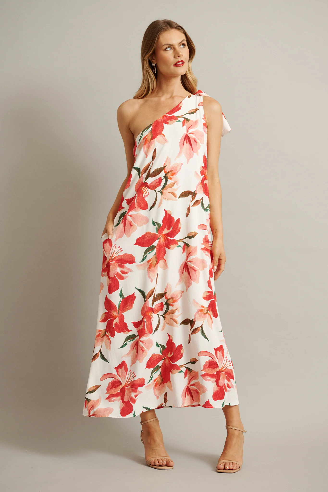 Loyality One Shoulder Maxi Dress in White and Red Floral - Image 4