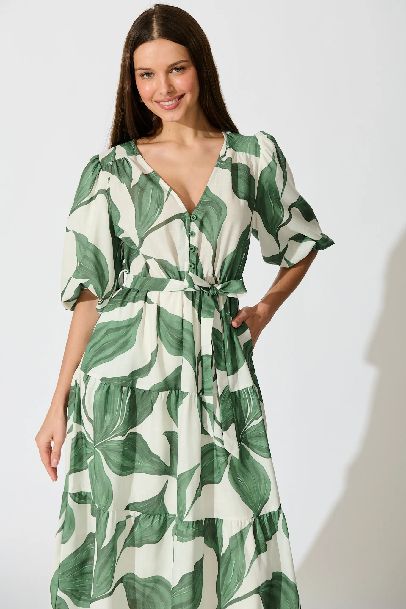 Lucie Maxi Dress in Cream with Green Leaf Linen Blend - Image 2