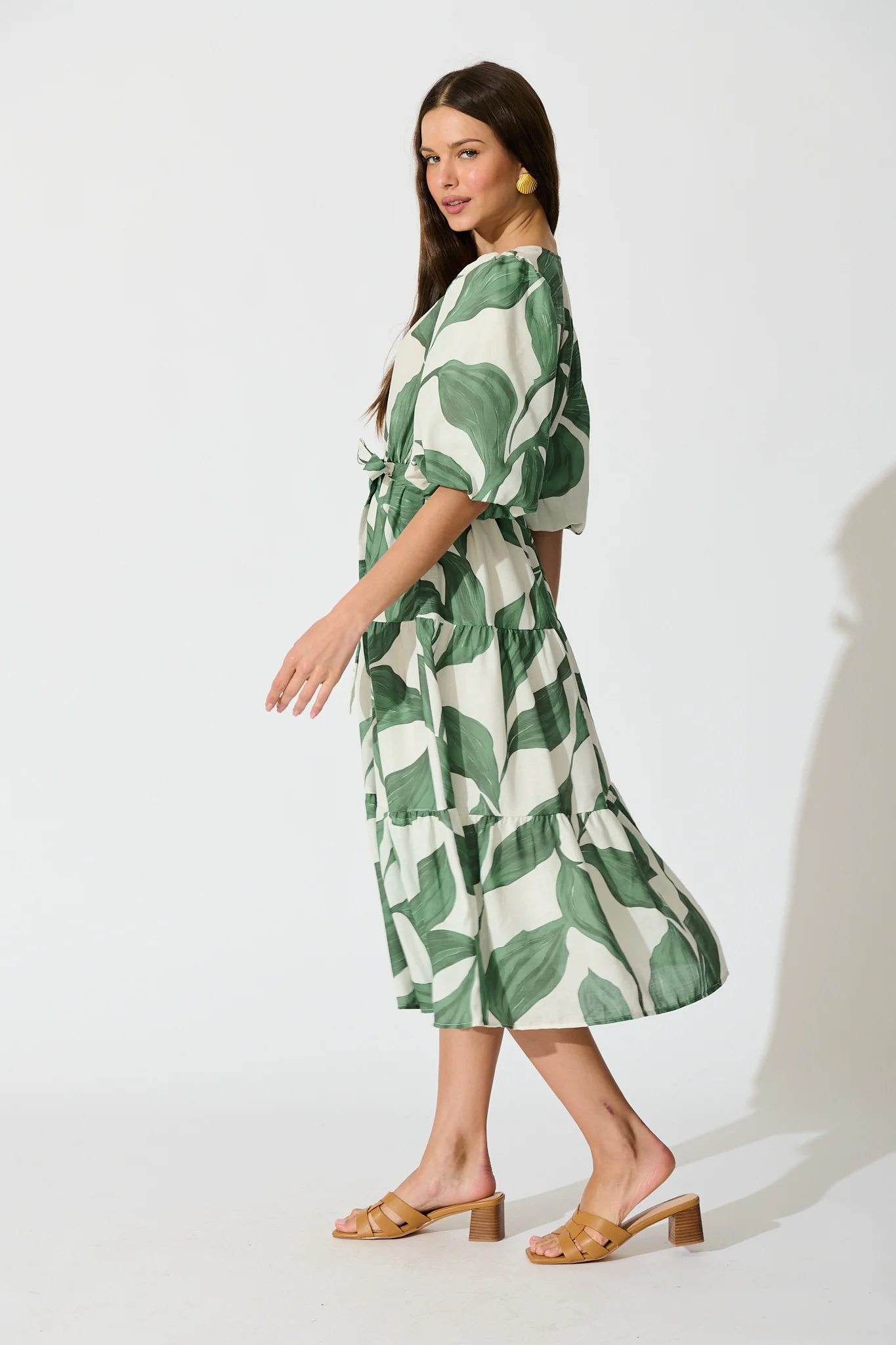 Lucie Maxi Dress in Cream with Green Leaf Linen Blend - Image 3