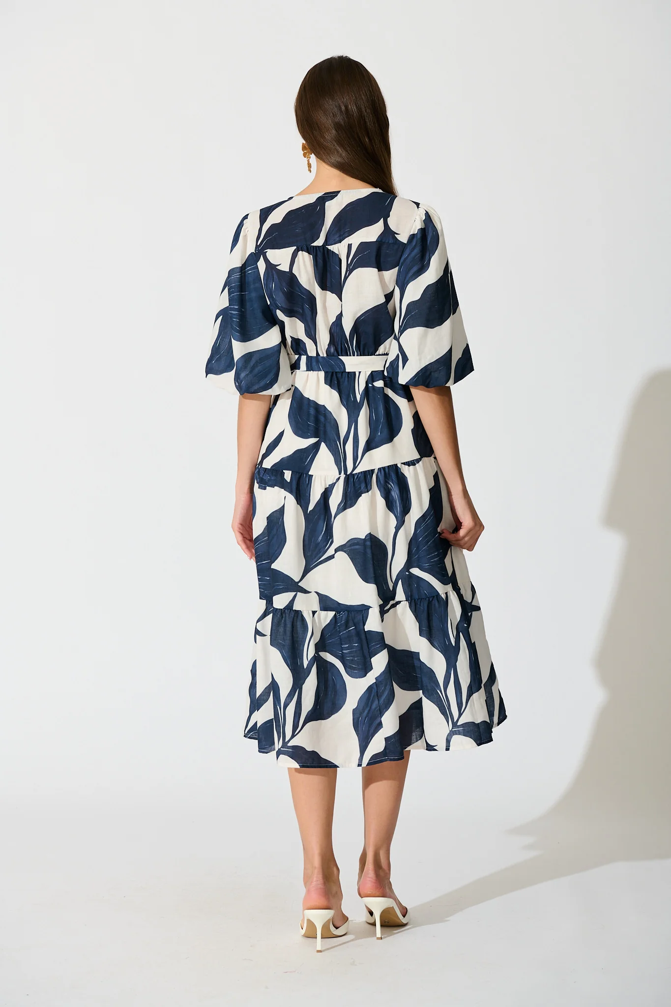 Lucie Maxi Dress in White with Navy Leaf Linen Blend - Image 4