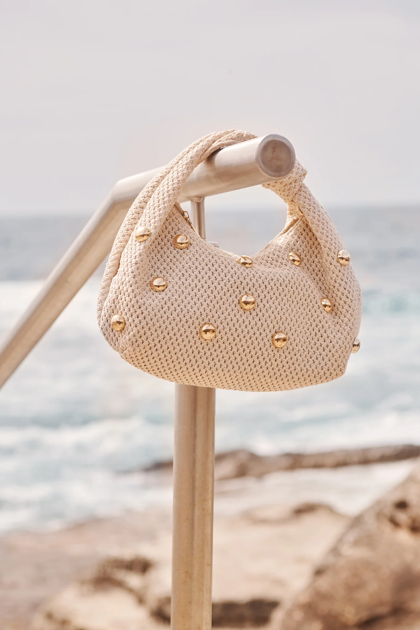 Lucinda Twist Knot Bag in Neutral Woven with Gold Stud - Image 2