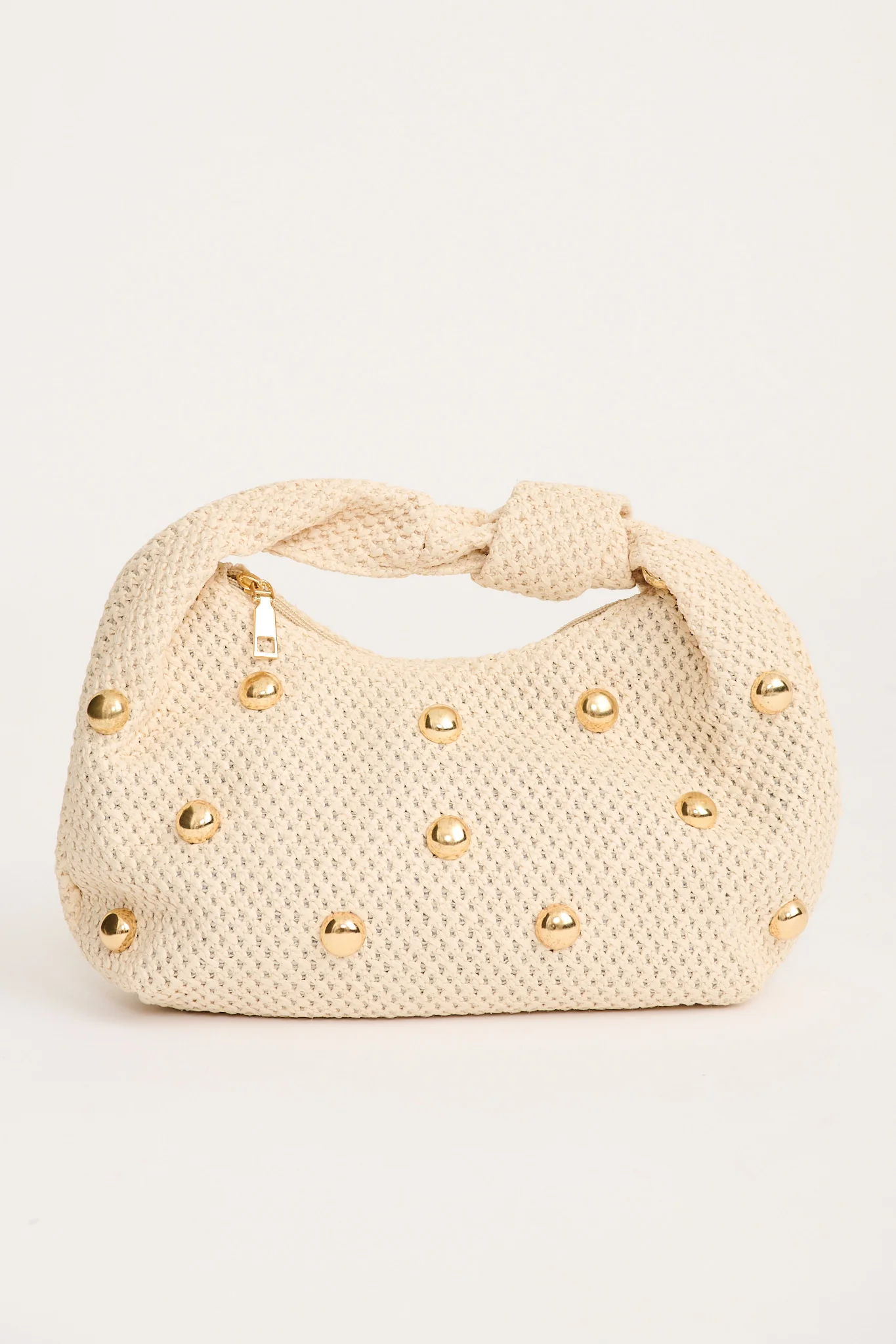Lucinda Twist Knot Bag in Neutral Woven with Gold Stud - Image 3