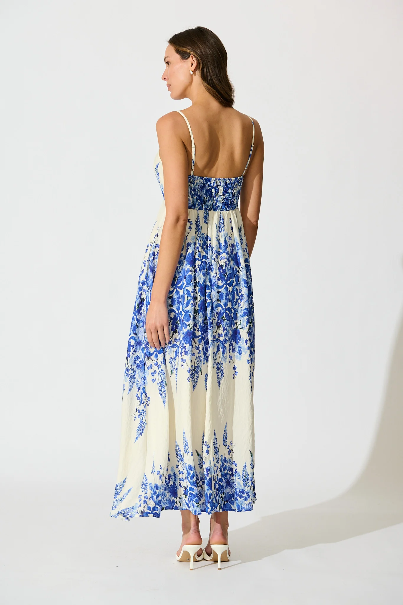 Lulea Maxi Sundress in White with Blue Floral Linen Blend - Image 4