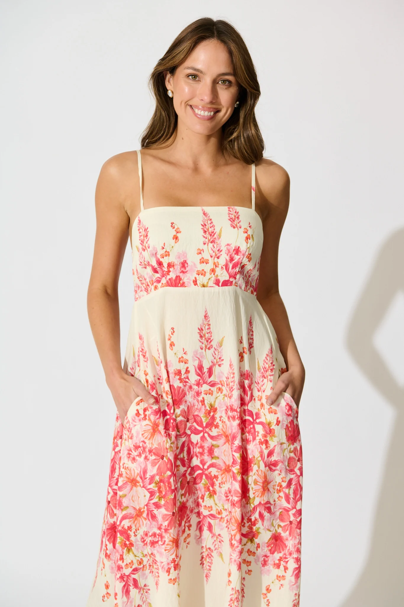 Lulea Maxi Sundress in White with Pink Floral Linen Blend - Image 2