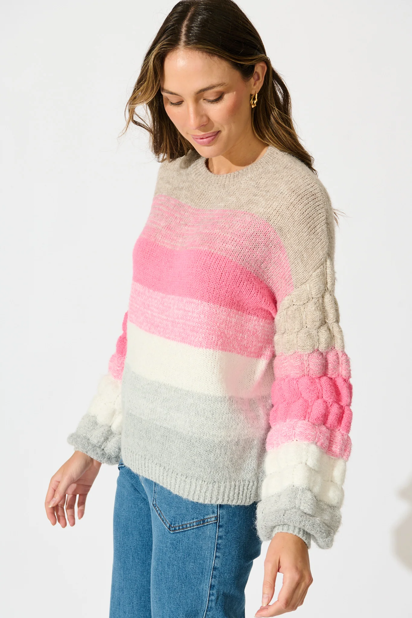Luna Knit in Pink with Grey Stripe Wool Blend - Image 2