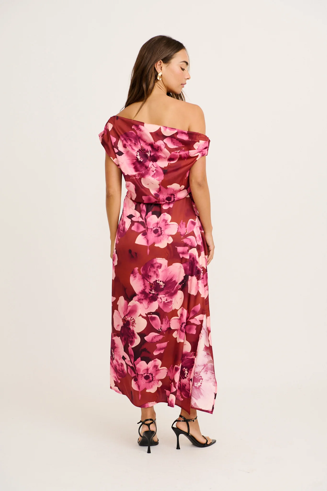 Luvella Maxi Off Shoulder Dress in Wine with Blush Floral Satin - Image 9