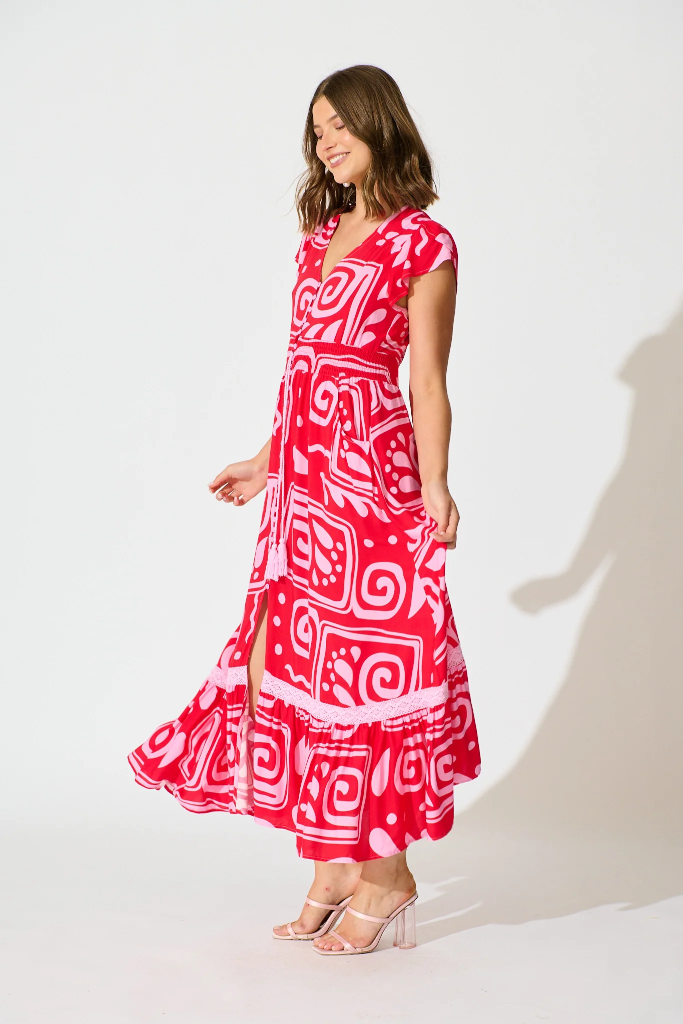 Lyanna Midi Dress in Red Geometric Print - Image 3