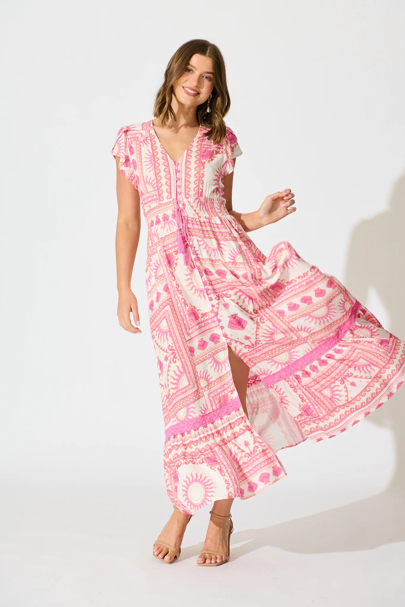 Lyanna Midi Dress in White with Multi Pink Print