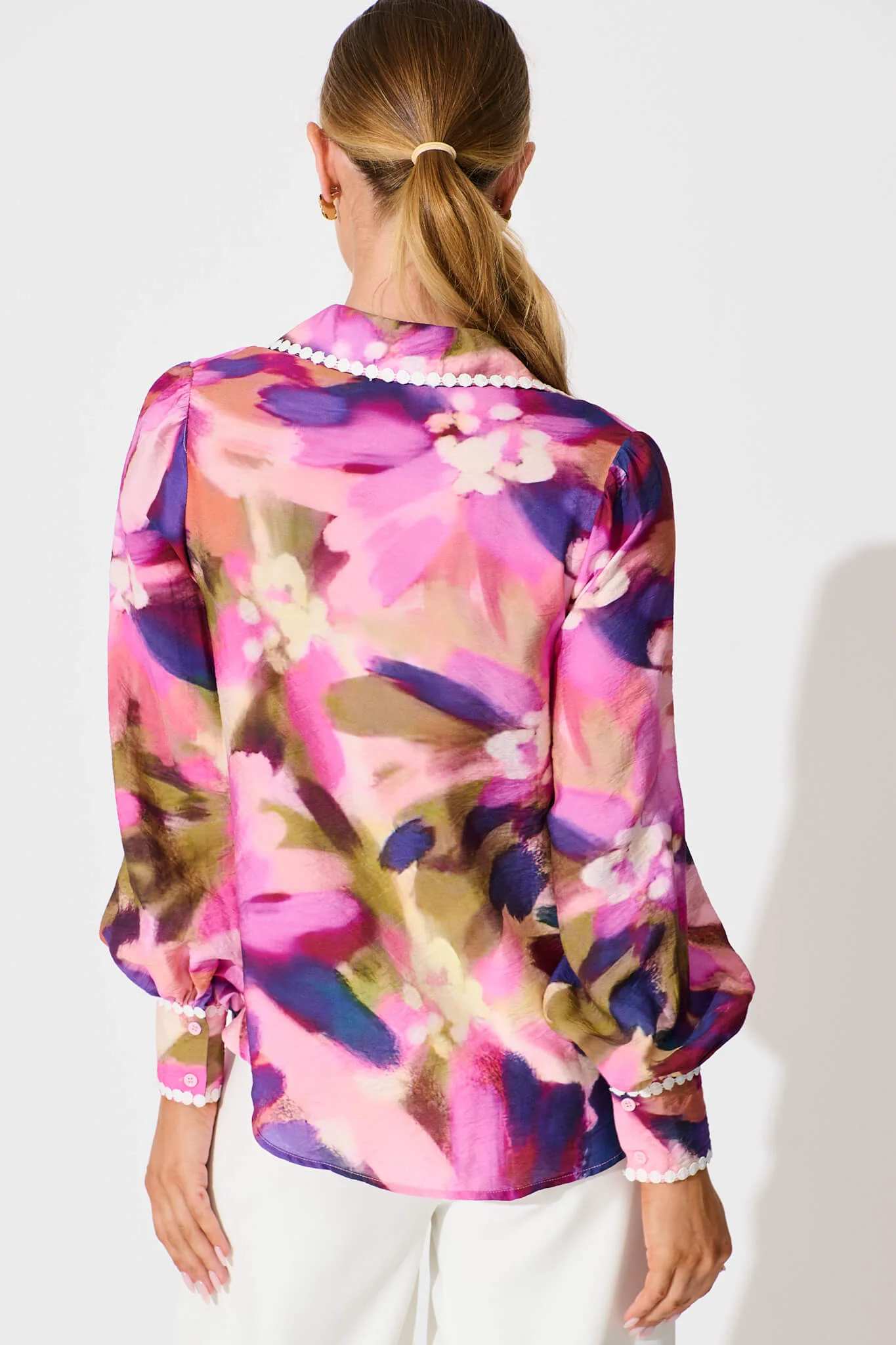 Lynelle Shirt in Plum Multi Watercolour with Contrast Trim - Image 6