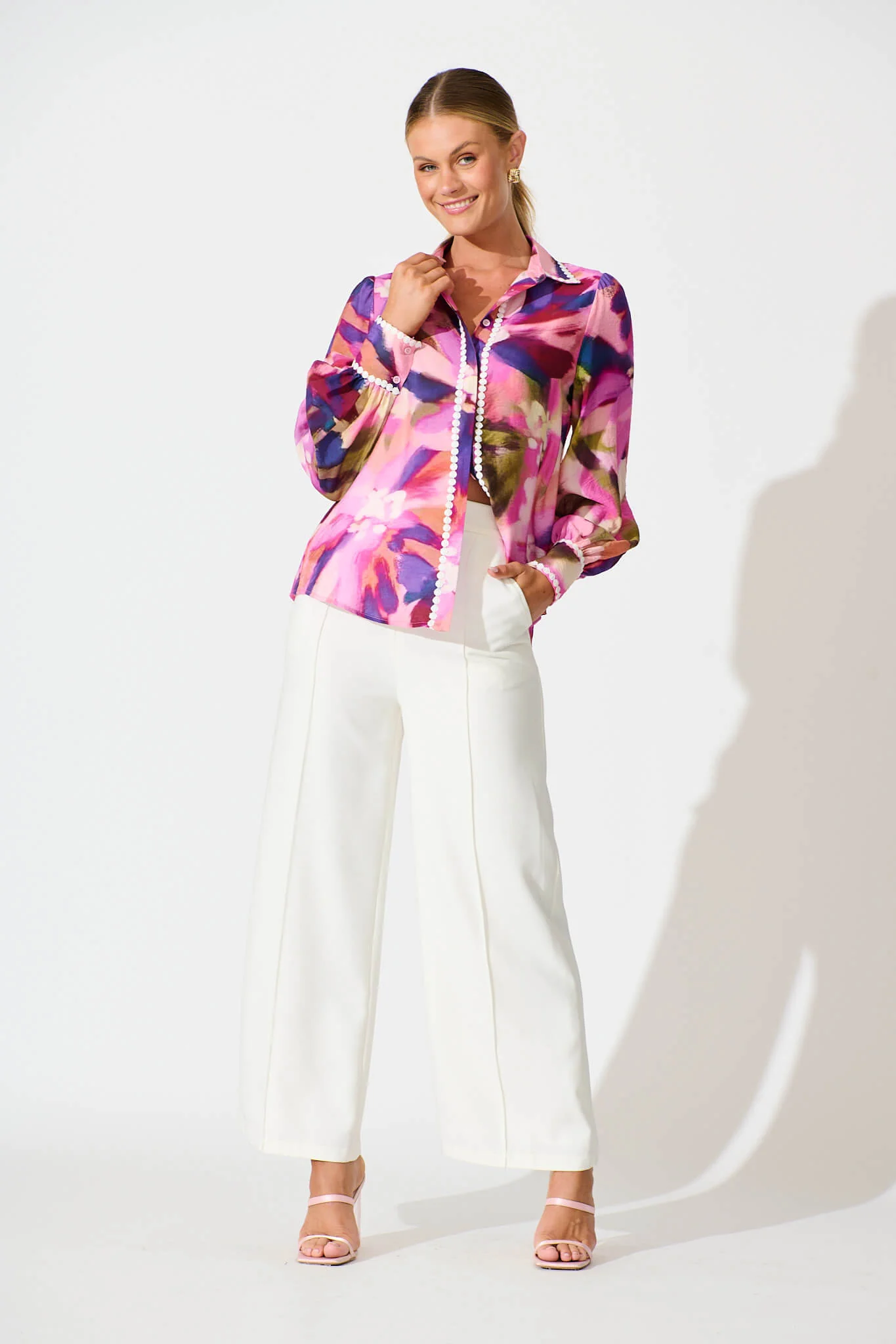 Lynelle Shirt in Plum Multi Watercolour with Contrast Trim - Image 7