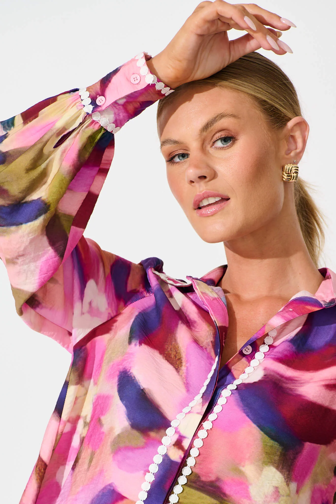 Lynelle Shirt in Plum Multi Watercolour with Contrast Trim - Image 8
