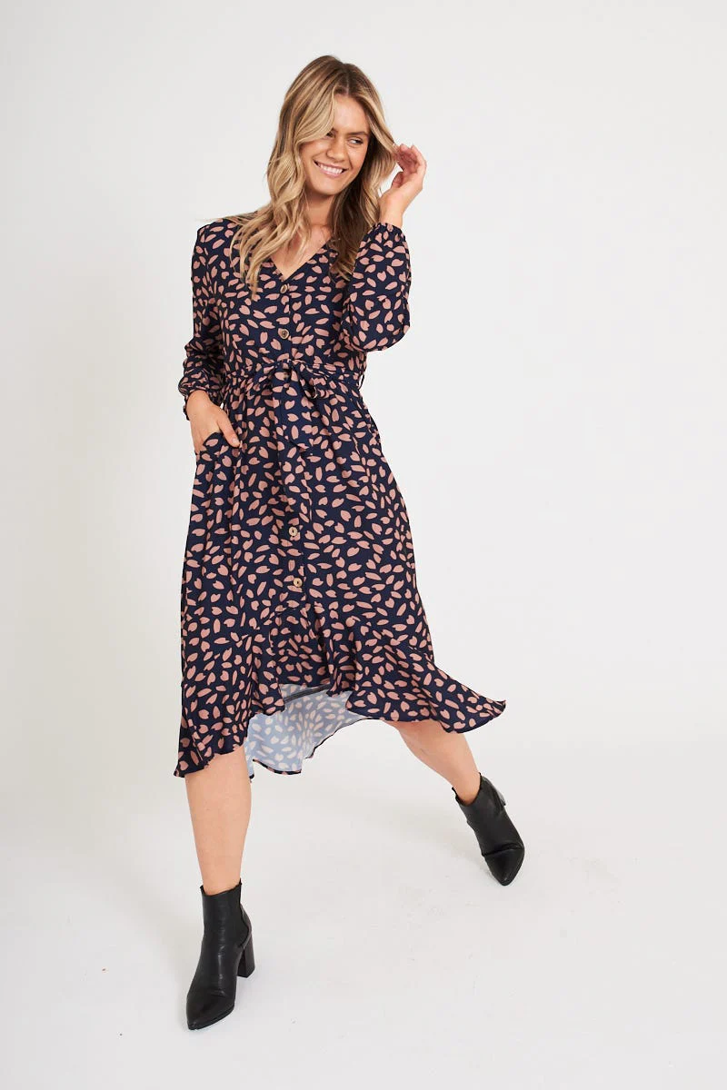Mabo Midi Dress In Navy With Rust Leaf - Image 2