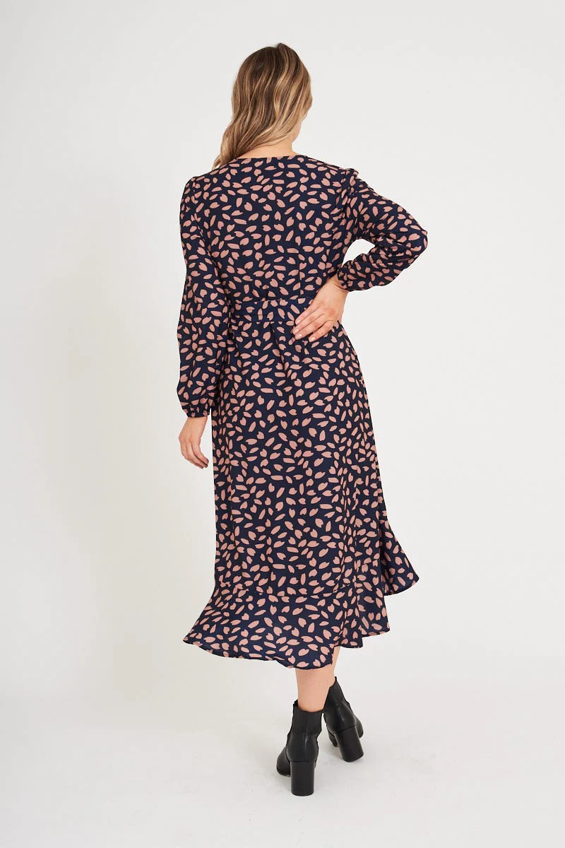 Mabo Midi Dress In Navy With Rust Leaf - Image 4