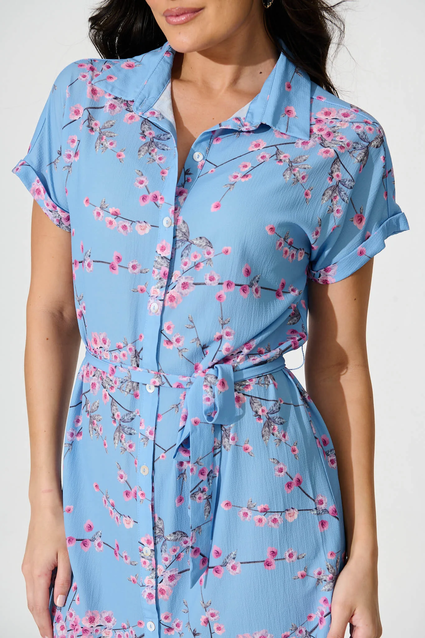Maddison Shirt Dress In Pale Blue With Pink Cherry Blossom - Image 9